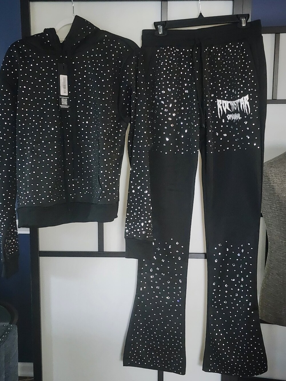 Women's Black "Rhinestone" 2 Pc Sweatsuit/lounge Set, Large